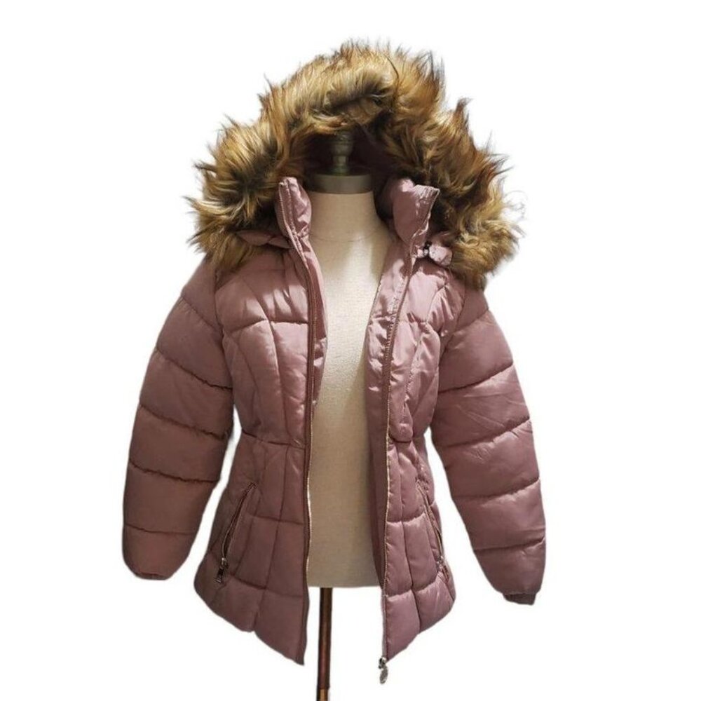 Ct816 dkny ladies pink champagne hooded puffer jacket l